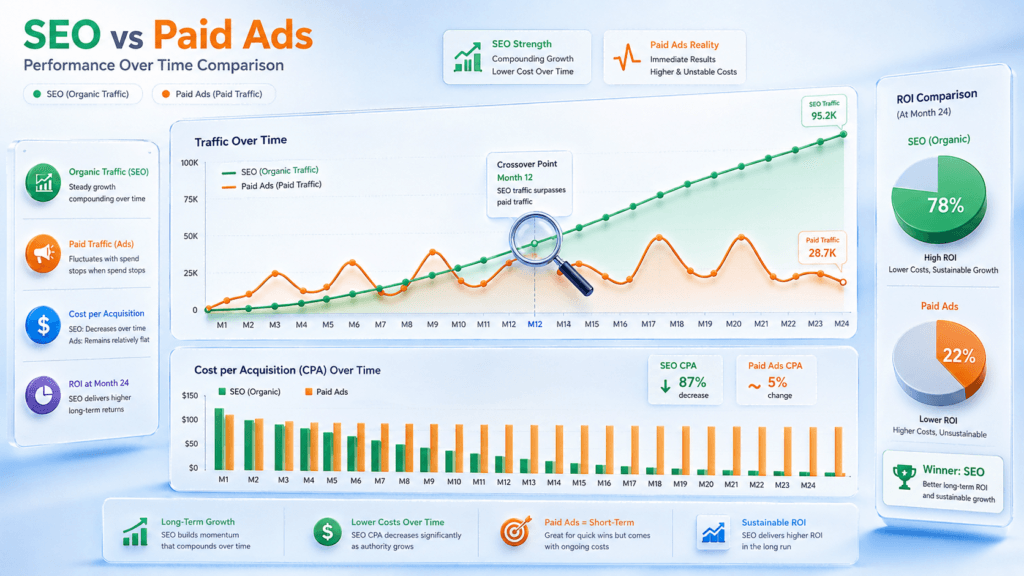 Comparison chart showing SEO vs Paid Ads over time