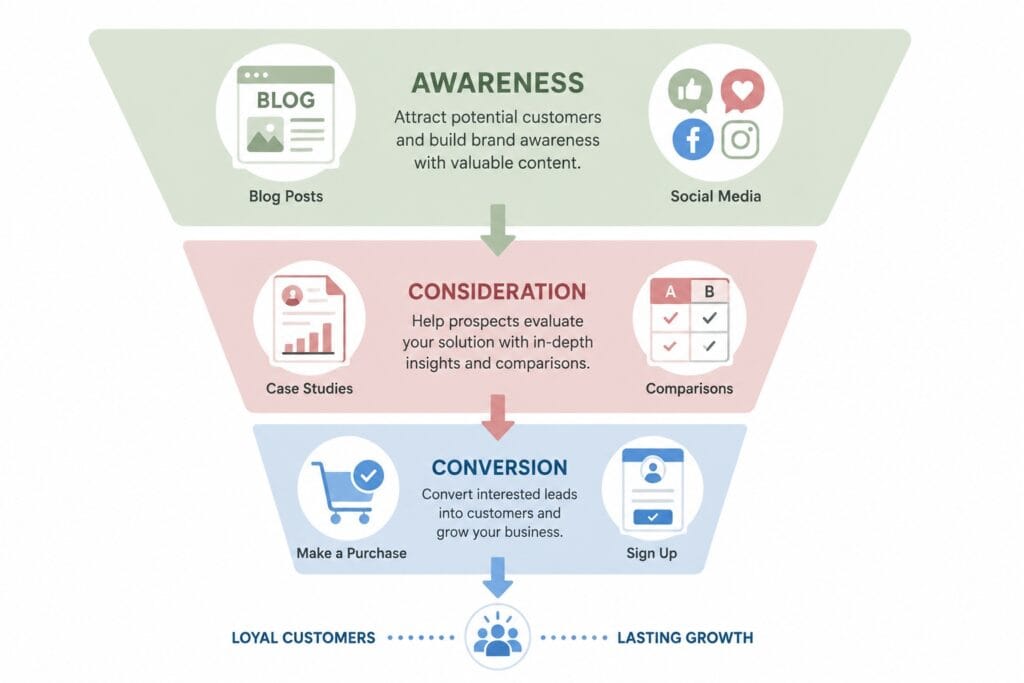 Content-marketing-funnel-showing-awareness-to-conversion